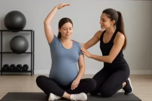 Pregnant woman training with personal trainer at fitness studio