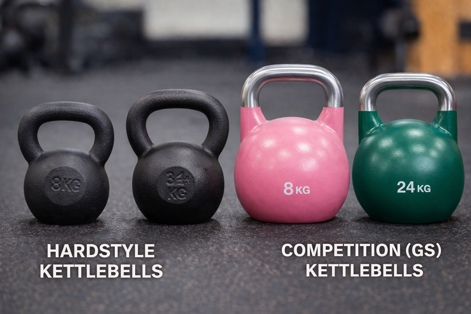 Hardstyle cast-iron kettlebells next to competition girevoy sport kettlebells