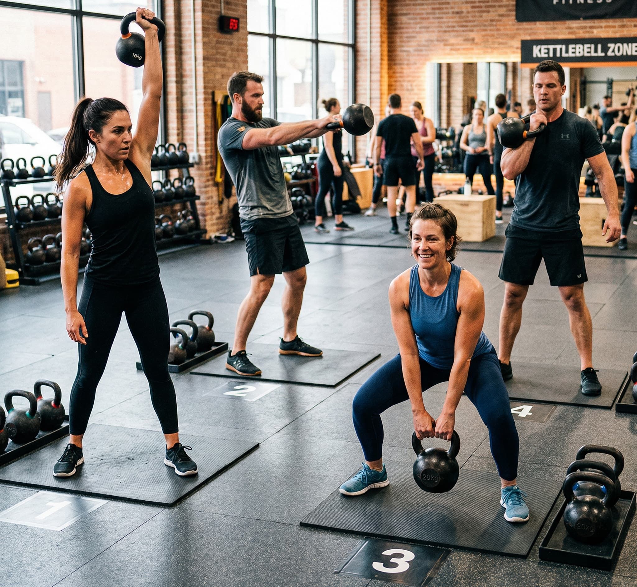 Group fitness class performing kettlebell exercises at different training stations