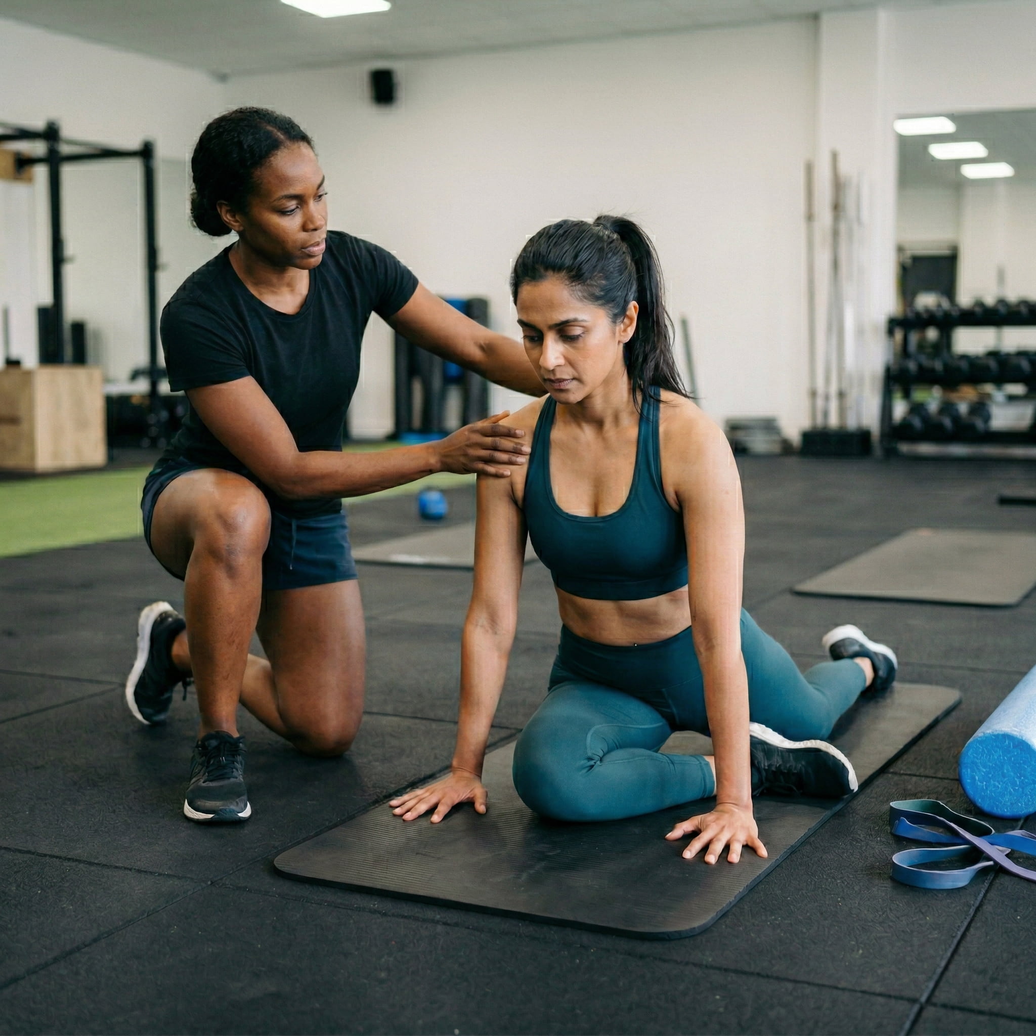 Trainer guiding a client through pigeon pose for hip mobility during a one-on-one session at Momentum Fitness NYC