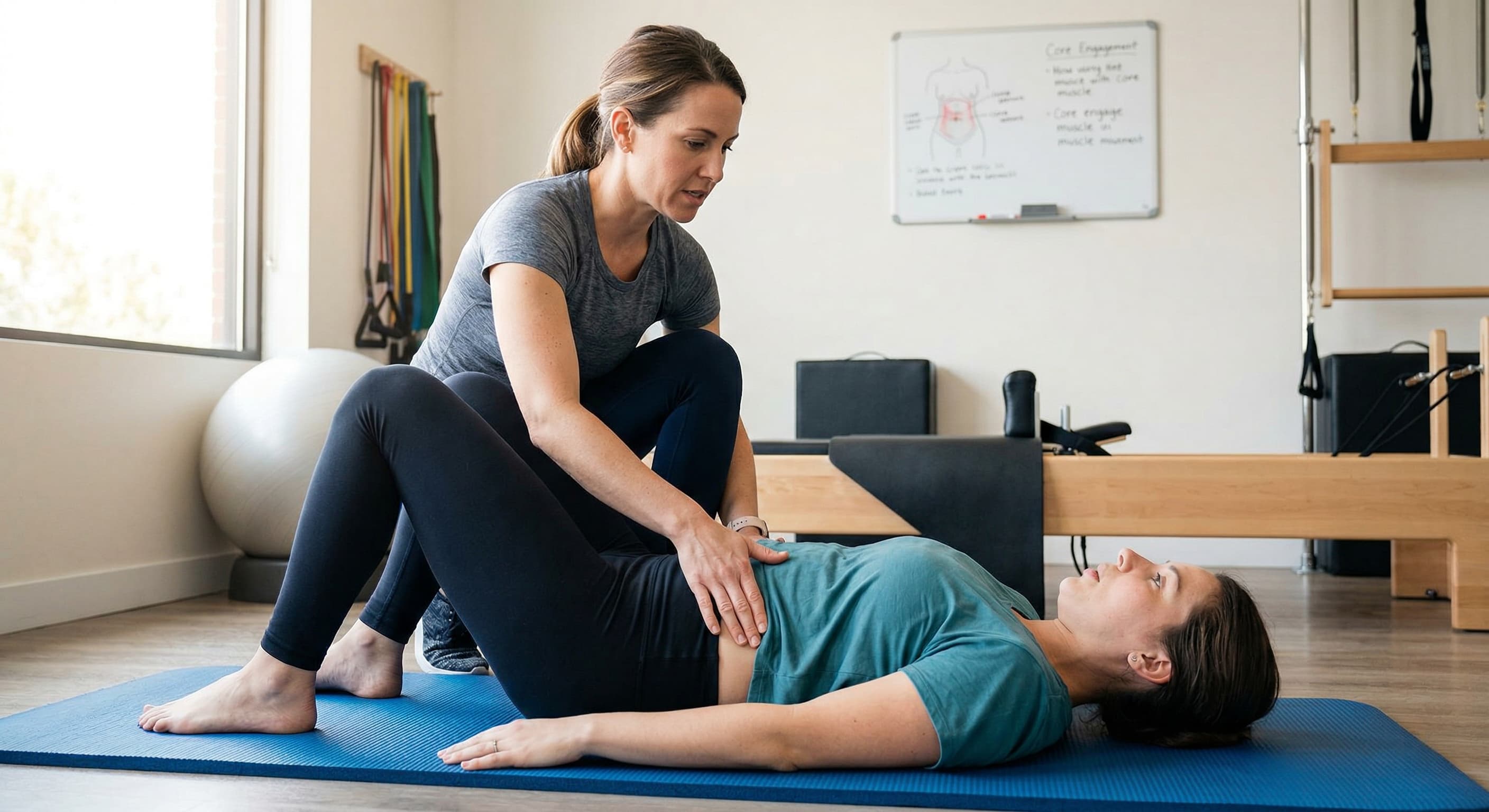Prenatal trainer guiding a pregnant client through core engagement and pelvic floor work at Momentum Fitness NYC