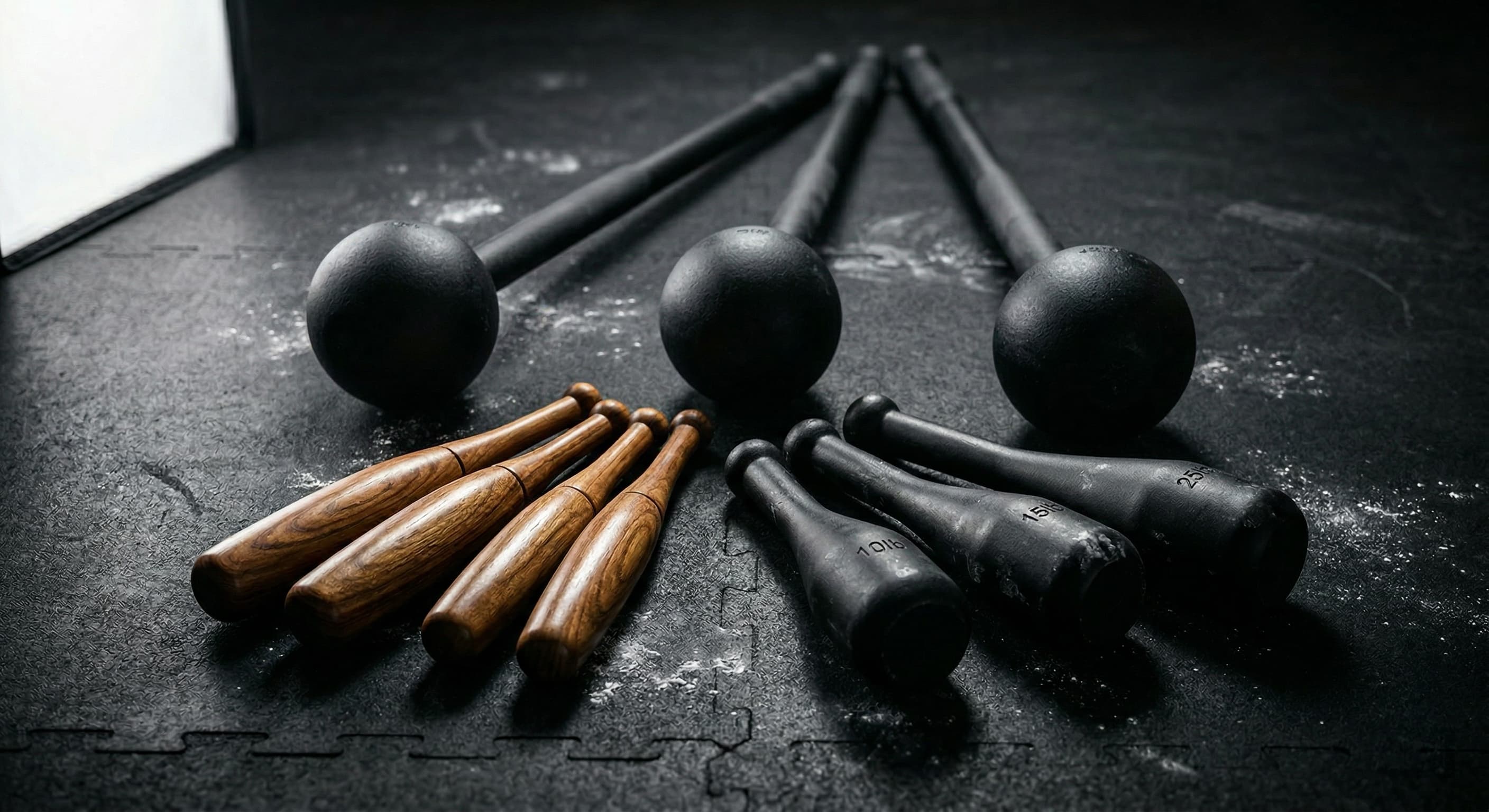 Clubbell, steel mace, and Indian club training equipment on the gym floor at Momentum Fitness on the Upper West Side