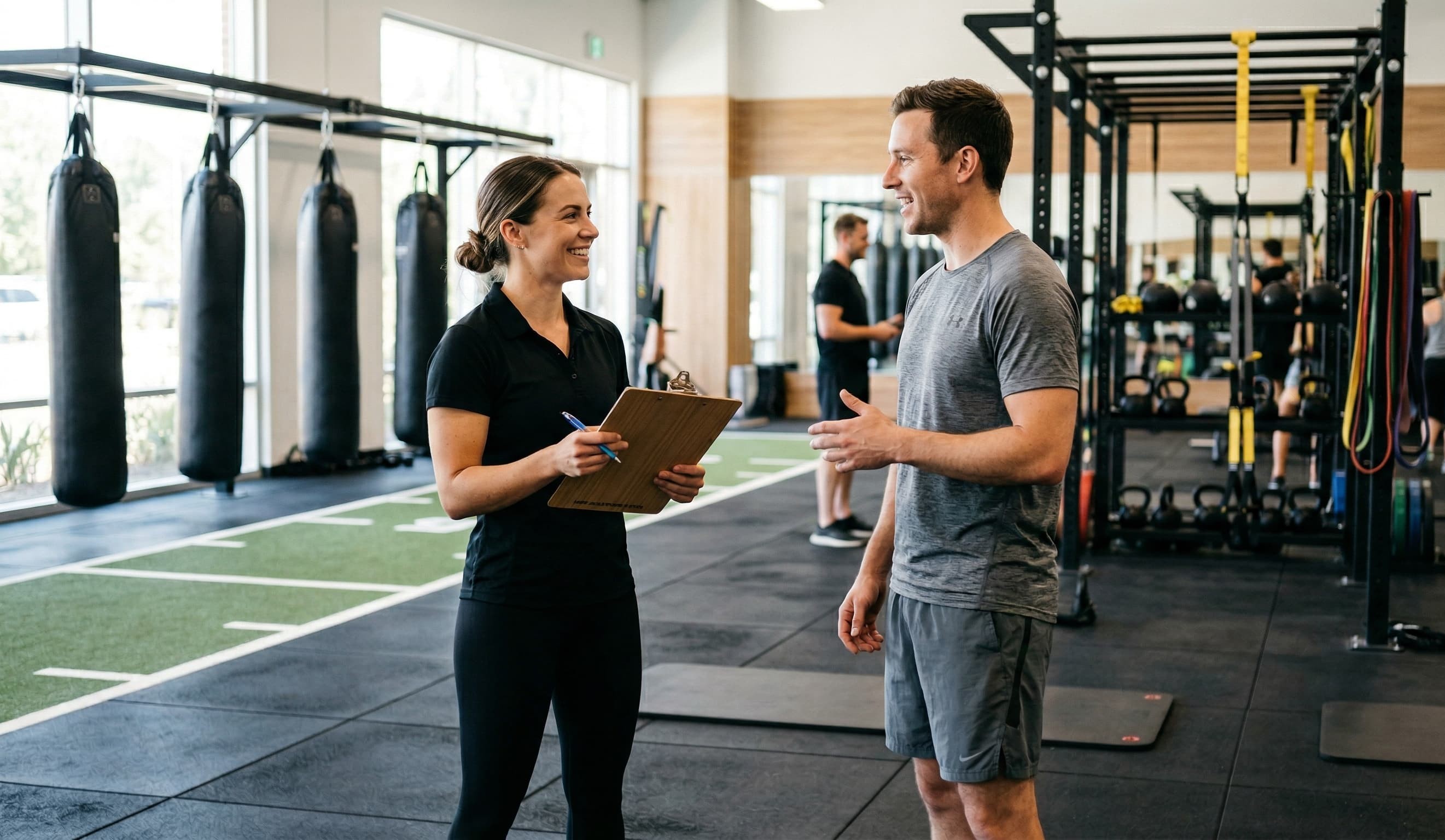 Personal trainer consultation with a new client at a gym on the Upper West Side