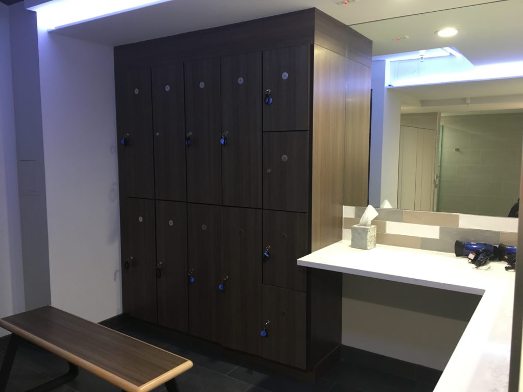 Locker room with day-use lockers and bench seating